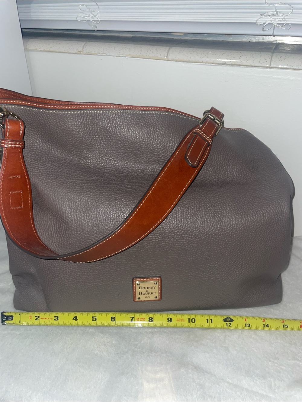 Dooney & Bourke Gray Pebbled Leather Shoulder Bag with Brown Strap